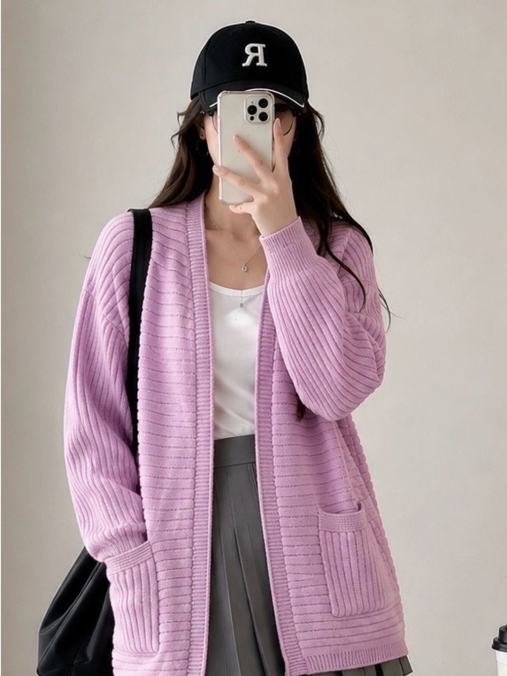 Women’s Pink Ribbed Open-Front Long Cardigan Sweater with Pockets